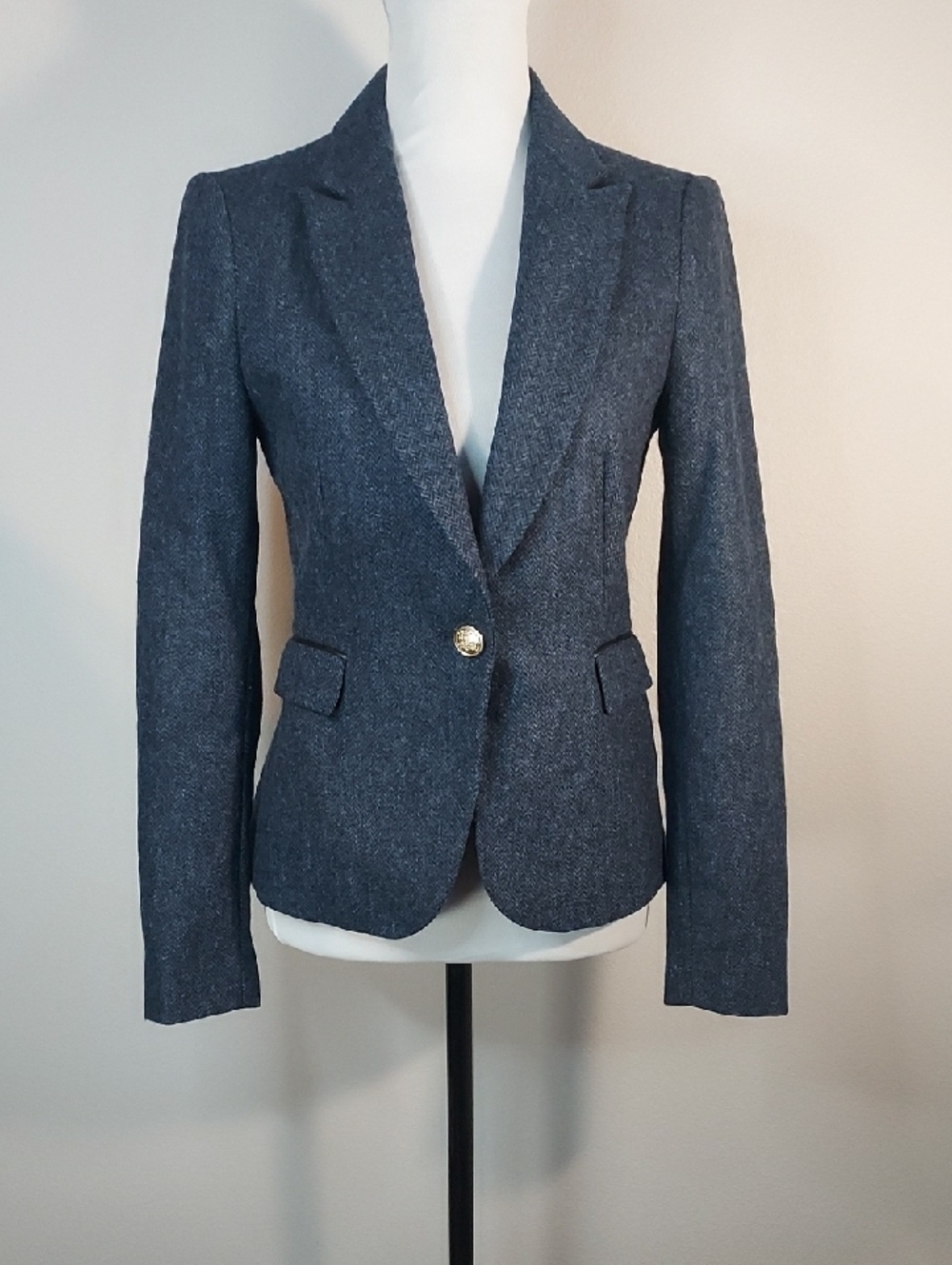 Zara Blue Black Single Button Tailored Tweed Herringbone Wool Blazer Size Small